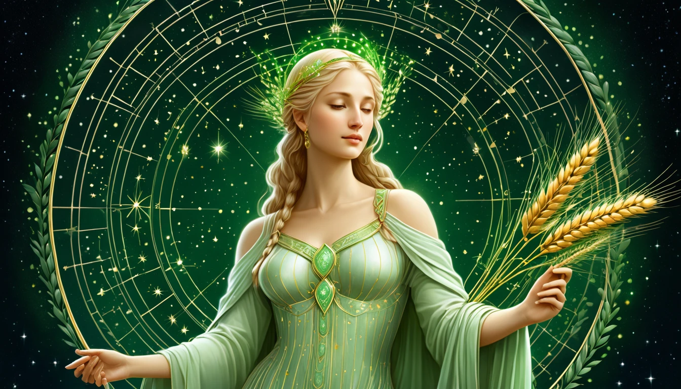 Érzékeny emésztőrendszer? Az egészségügyi asztrológia a Szűz gyenge pontjairól. Egy női figura, aki búzát tart a kezében, zöld háttér előtt, asztrológiai szimbólumokkal.