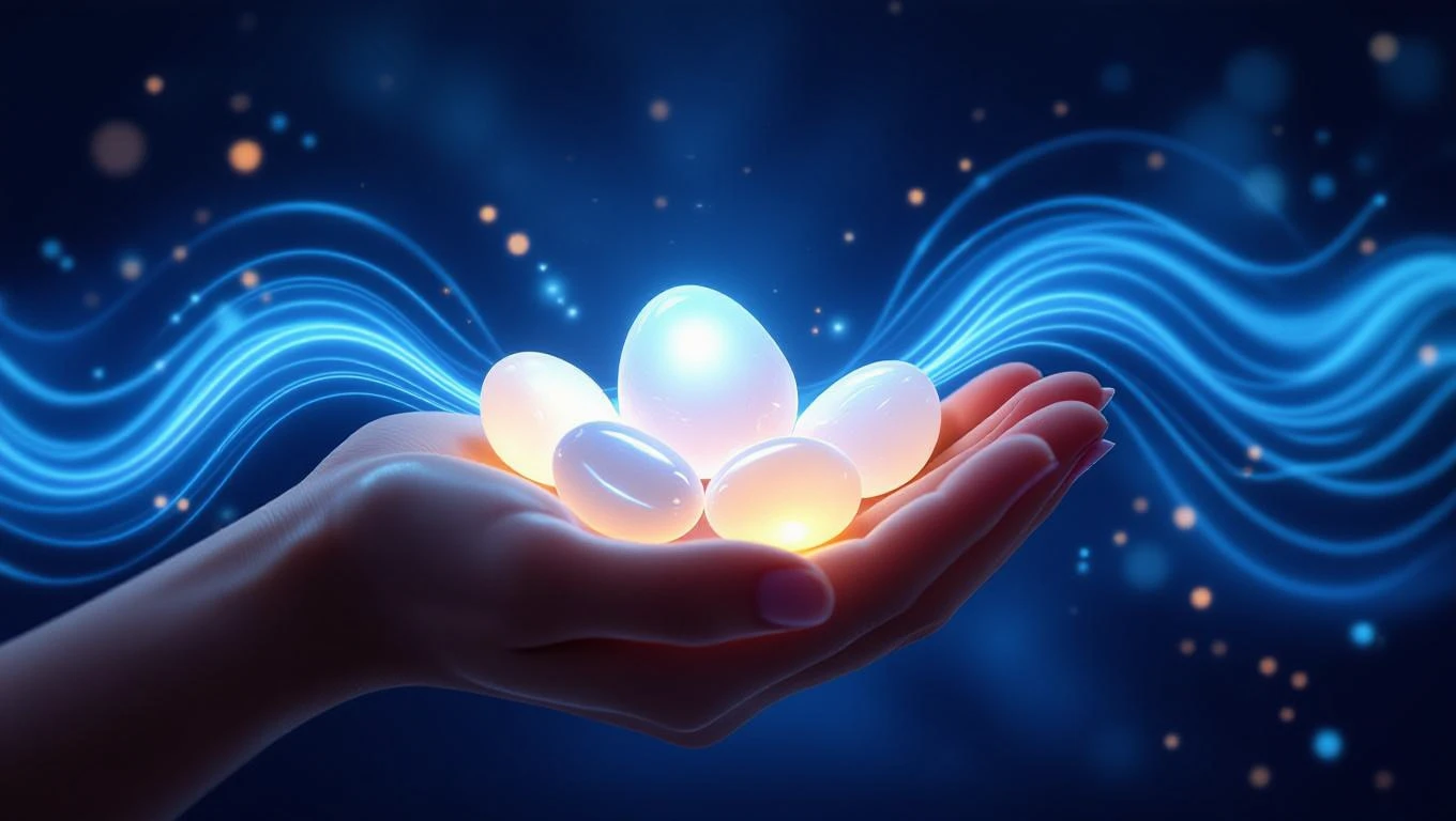 Fehér ásványok az energiatisztításhoz Egy kézben fehér ásványok világítanak, tiszta energiát sugározva.