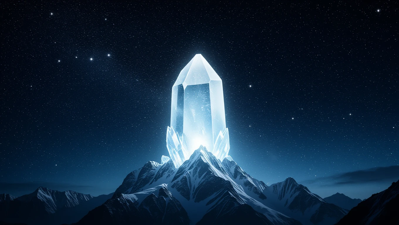 Fehér ásványok az energiatisztításhoz Egy nagy, csillogó fehér kristály áll egy hegycsúcson, csillagos ég alatt.