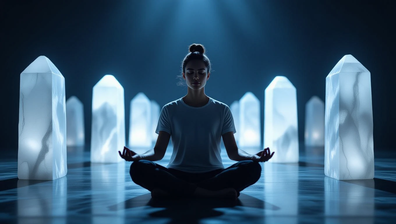 Fehér ásványok az energiatisztításhoz Egy fiatal nő meditál fehér ásványok között, amelyek energikus fényt árasztanak.