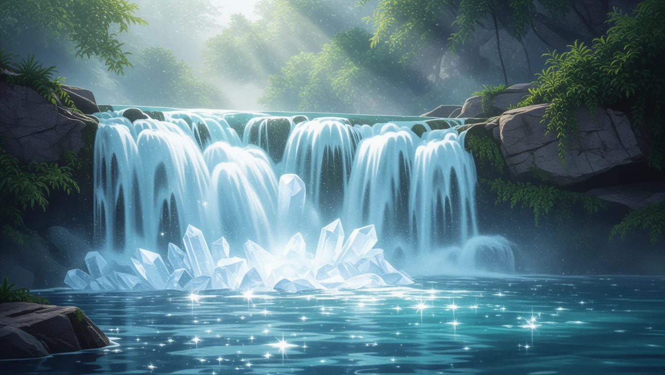 Fehér ásványok az energiatisztításhoz Egy vízesés, amely fehér ásványokkal van körülvéve, ragyogó víz alatt.