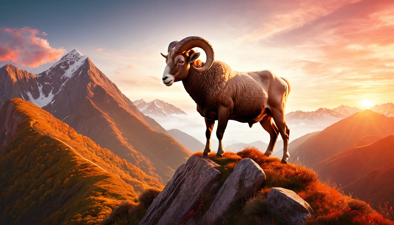 Egy kos áll a hegycsúcson, háttérben naplemente és hegyek.