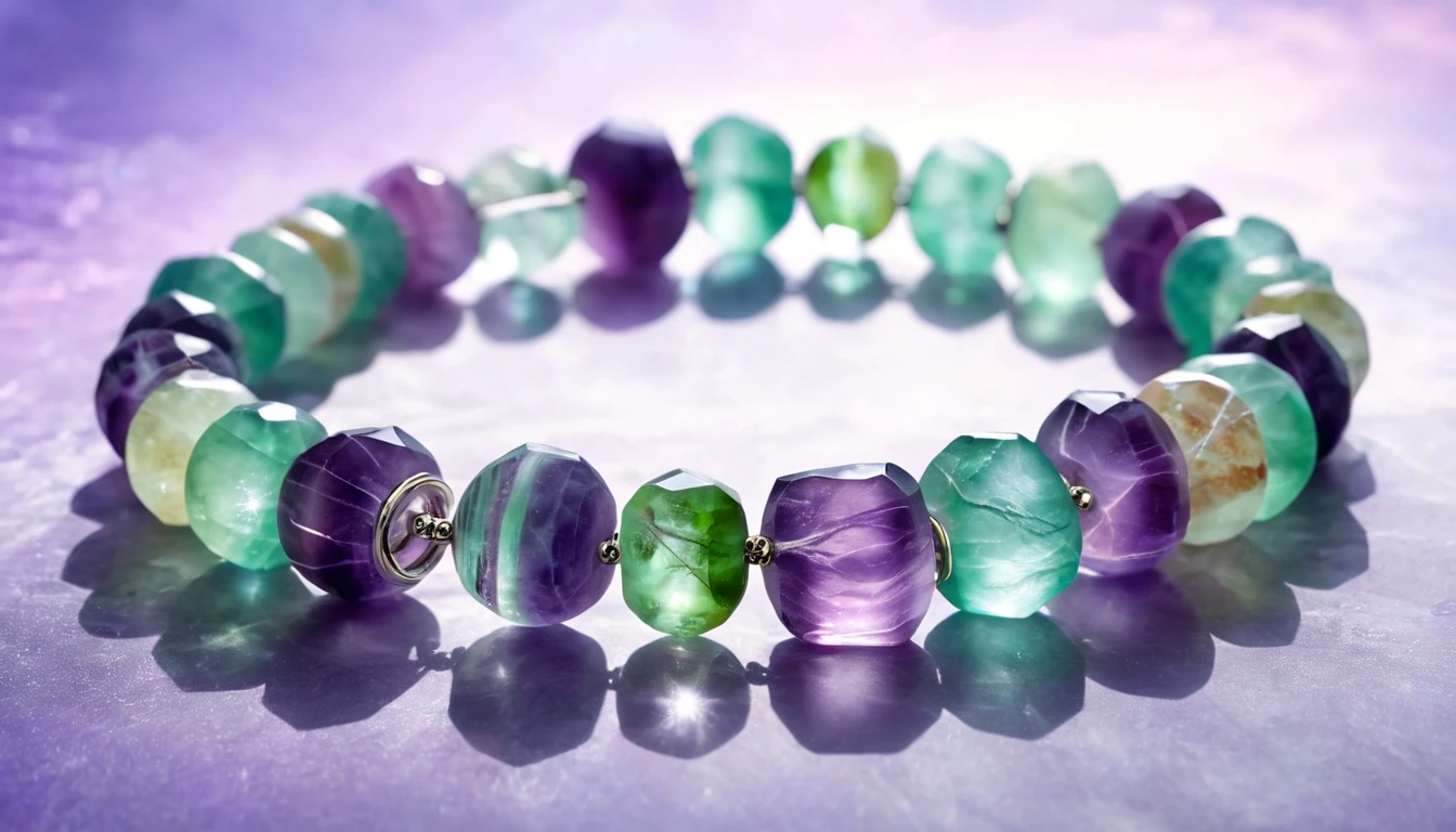 Fluorit karkötő hatása – tisztaság és mentális egyensúly Színes fluorit karkötő, zöld és lila árnyalatokkal, fényes felülettel.