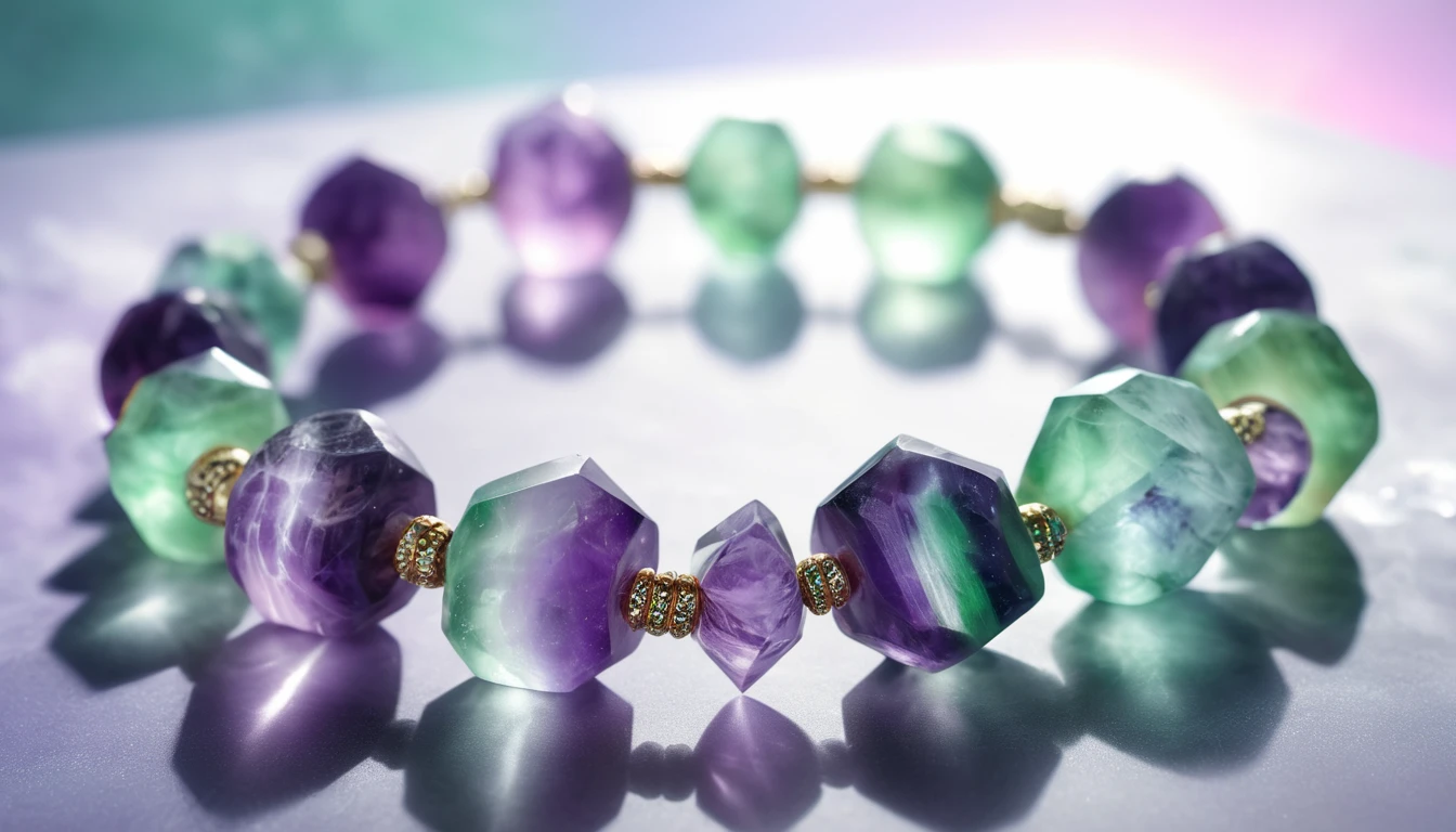Fluorit karkötő hatása – tisztaság és mentális egyensúly Színes fluorit karkötő, zöld és lila kristályokkal, arany díszítéssel.