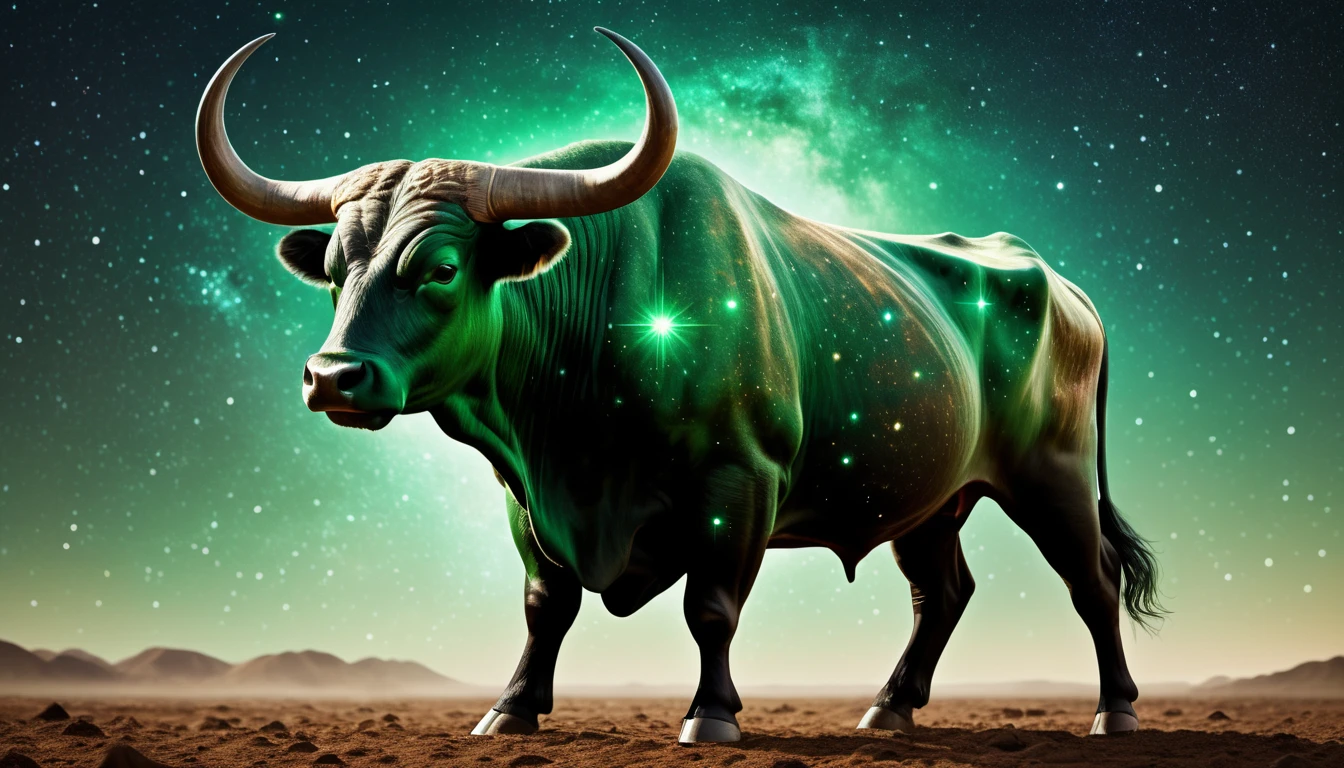 Földközeli mozgás: A legjobb sportok a Bika számára, a jógától a kertészkedésig. Egy zöld csillagokkal díszített bika áll egy sivatagos tájon, háttérben csillagos égbolttal.