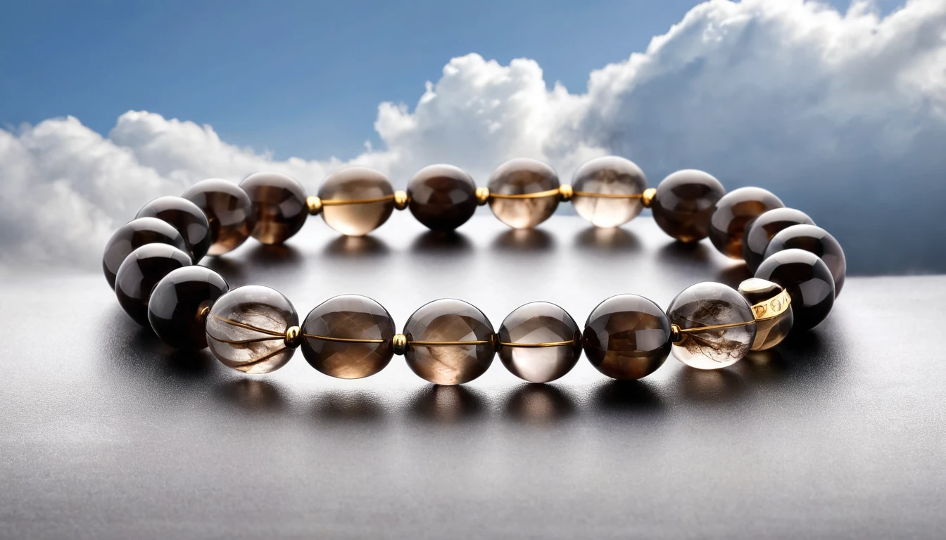 Füstkvarc karkötő hatása – védelem és belső erő Füstkvarc karkötő, sima és csiszolt golyókkal, arany részletekkel.