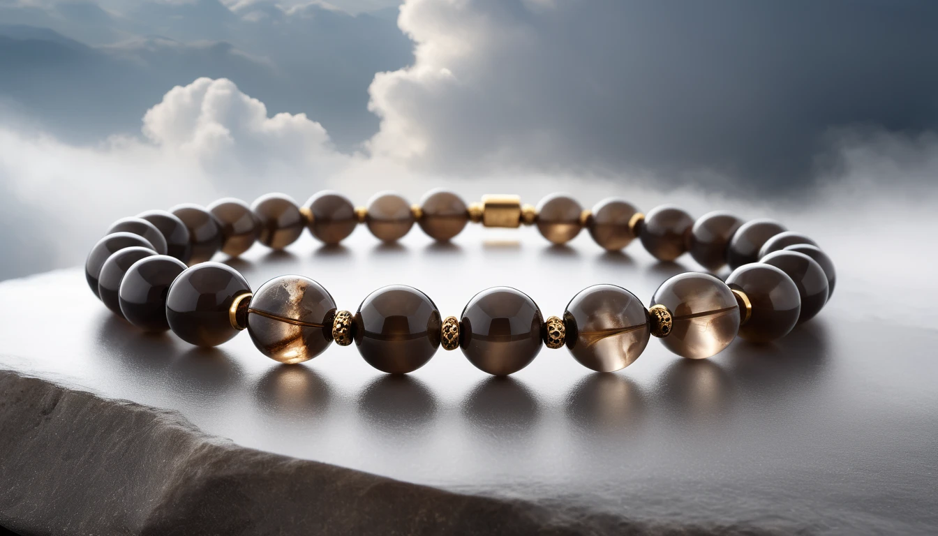 Füstkvarc karkötő hatása – védelem és belső erő Elegáns füstkvarc karkötő, sima gömbökkel és arany díszítéssel.