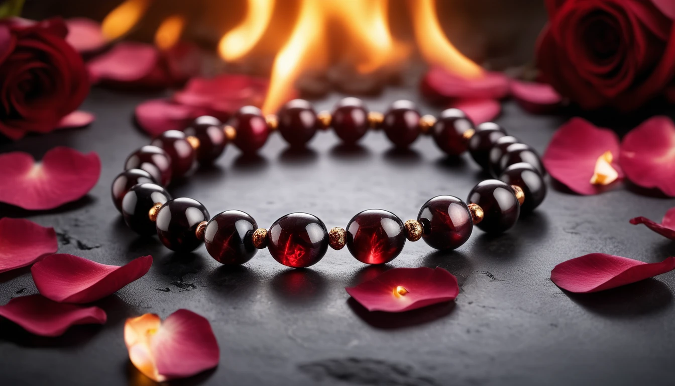 Gránát karkötő hatása – szenvedély, vitalitás és kitartás Gránát karkötő rózsaszirmokkal és lángokkal díszített háttérben.