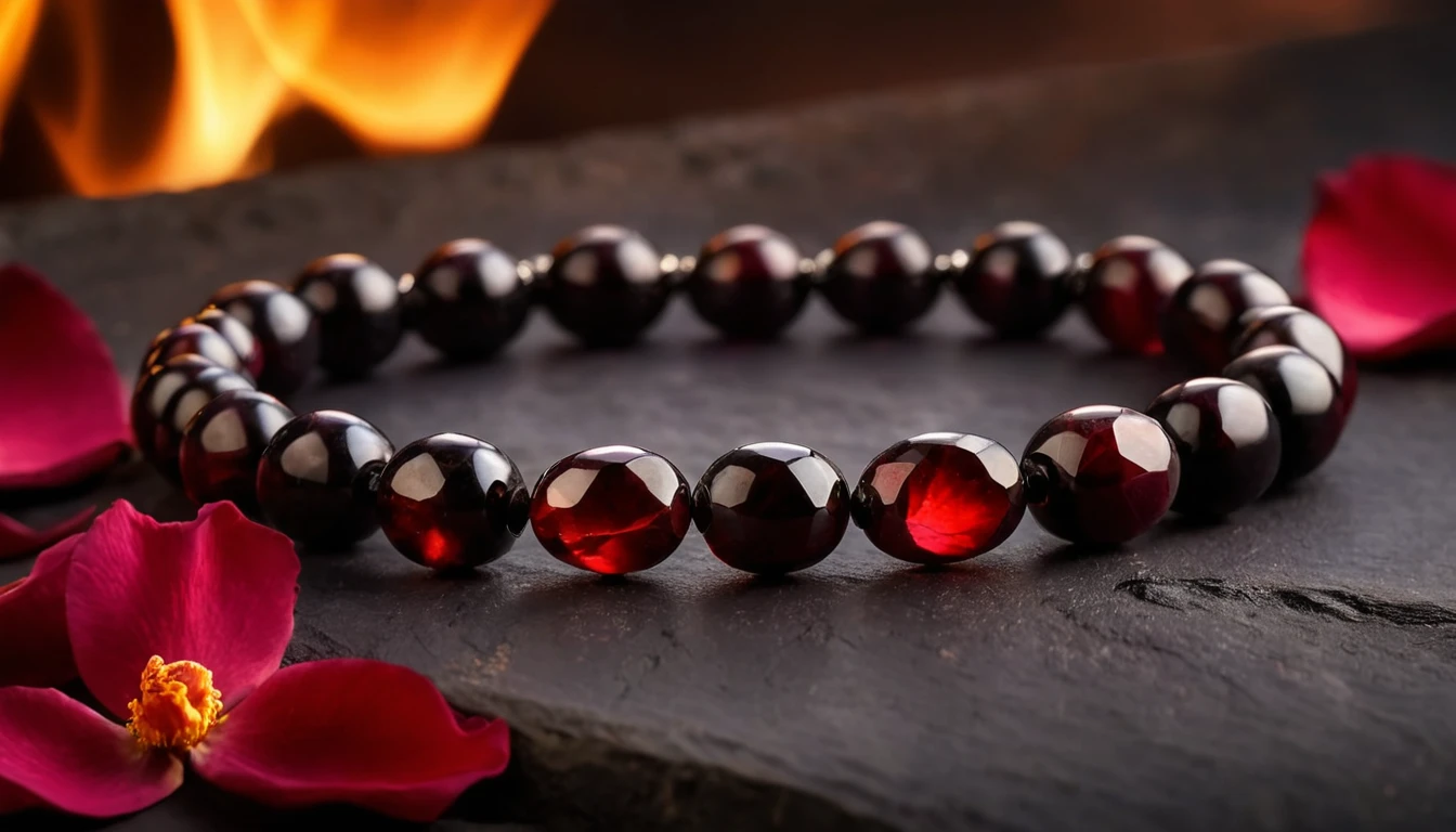Gránát karkötő hatása – szenvedély, vitalitás és kitartás Egy gyönyörű gránát karkötő, piros és fekete gyöngyökkel, rózsaszirmokkal körülvéve.