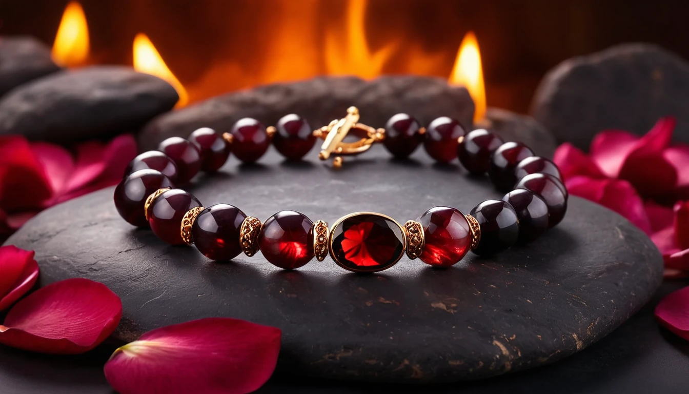 Gránát karkötő hatása – szenvedély, vitalitás és kitartás Egy elegáns gránát karkötő fekete köveken, rózsaszirmokkal körülvéve.