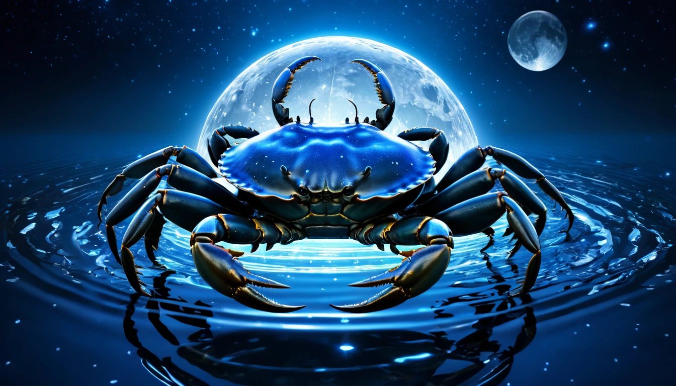Egy kék rák áll a vízben, a háttérben teliholddal és csillagokkal.