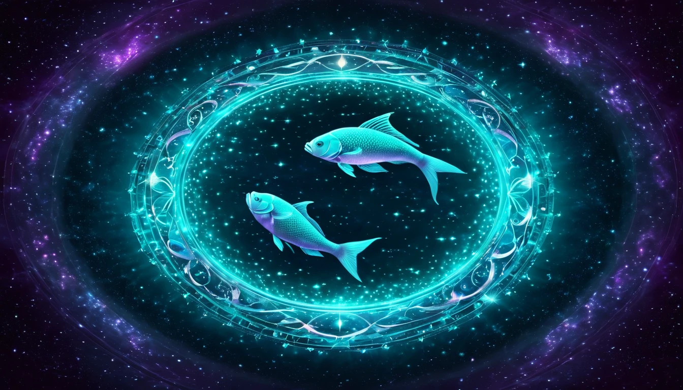 Gyenge immunrendszer, érzékeny talpak? Az egészségügyi asztrológia a Halak gyenge pontjairól. Két hal úszik egy csillagokkal teli, kékes-zöldes körben, utalva a Halak jegyre.