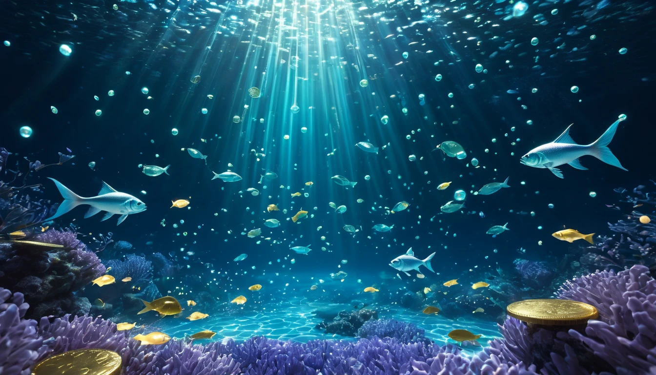 Egy varázslatos víz alatti világ, ahol halak úsznak és fénycsóvák szűrődnek át.