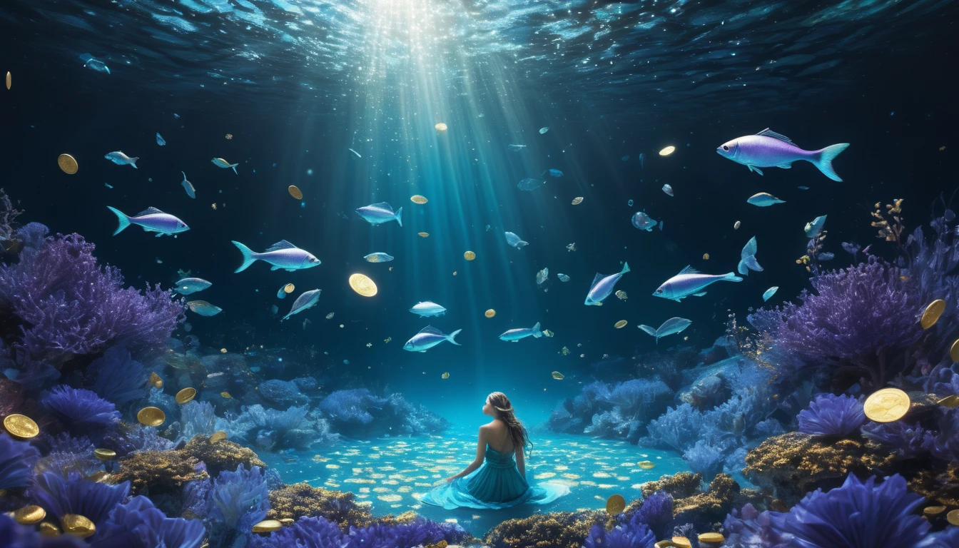 A Halak és a pénz: A nagylelkű adakozó vagy a valóságtól elrugaszkodott álmodozó? Egy nő ül a tengerfenéken, körülötte halak és aranyérmék úsznak.