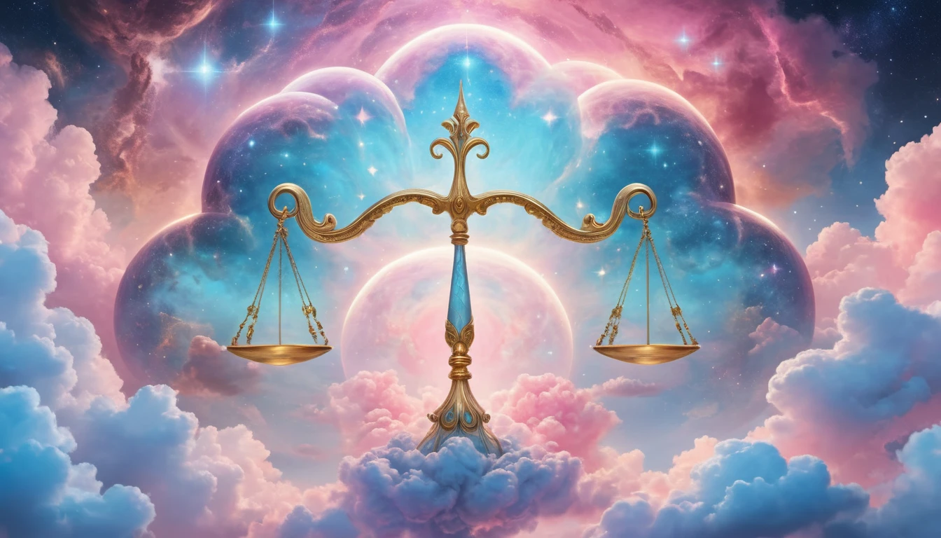 Egy arany mérleg a felhők között, színes, harmonikus háttérrel.