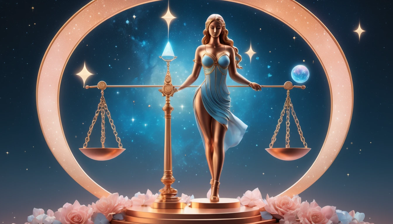 A harmónia nagykövete: A 10 legjobb karrierút a diplomatikus Mérleg számára Egy női figura, aki a Mérleg szimbólumát képviseli, egyensúlyozva a mérlegen, csillagokkal és virágokkal körülvéve.