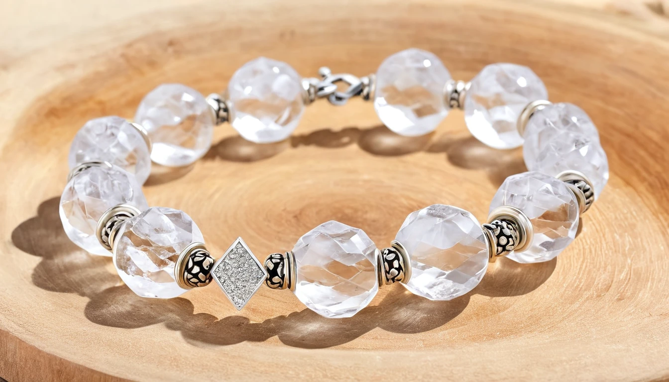 Hegyikristály karkötő hatása – harmónia és tisztulás köve Hegyikristály karkötő, áttetsző golyókkal és ezüst díszítéssel.