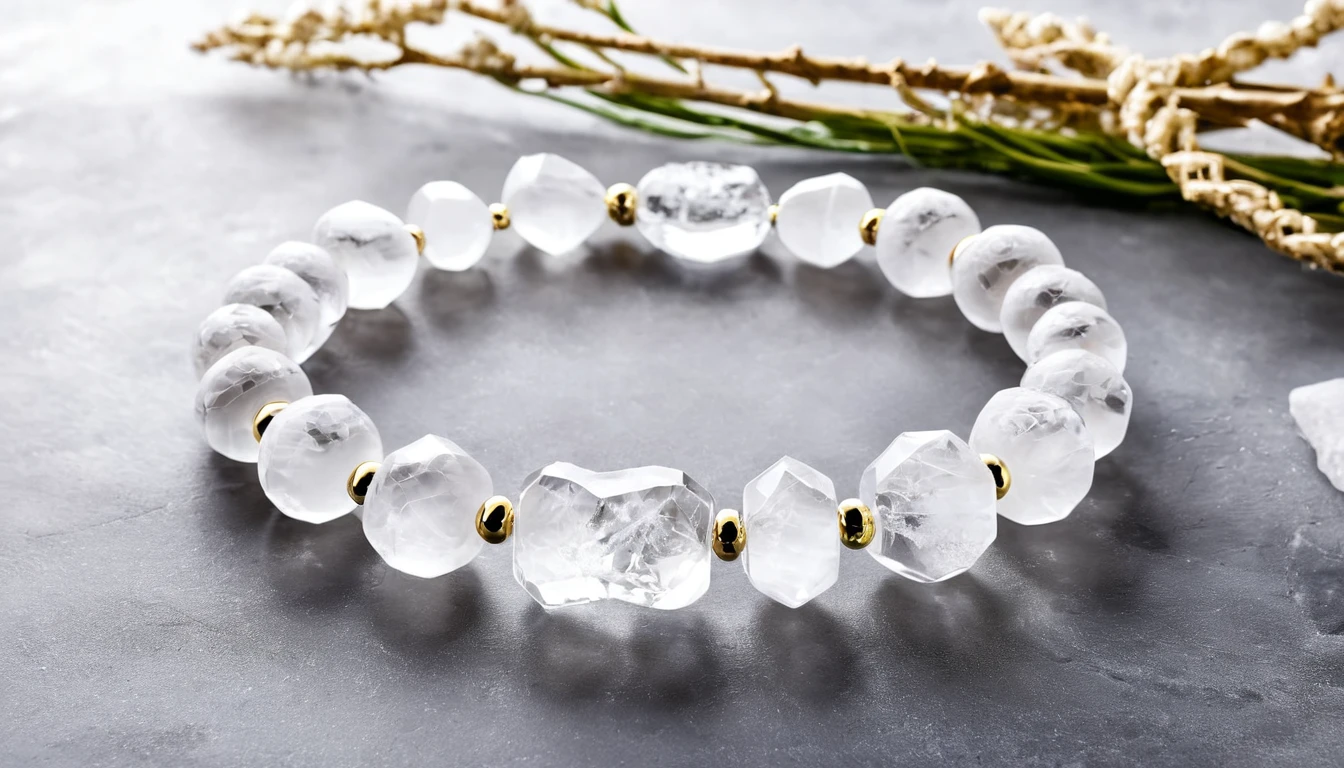 Hegyikristály karkötő hatása – harmónia és tisztulás köve Hegyikristály karkötő, áttetsző kristályokkal és arany színű elemekkel.
