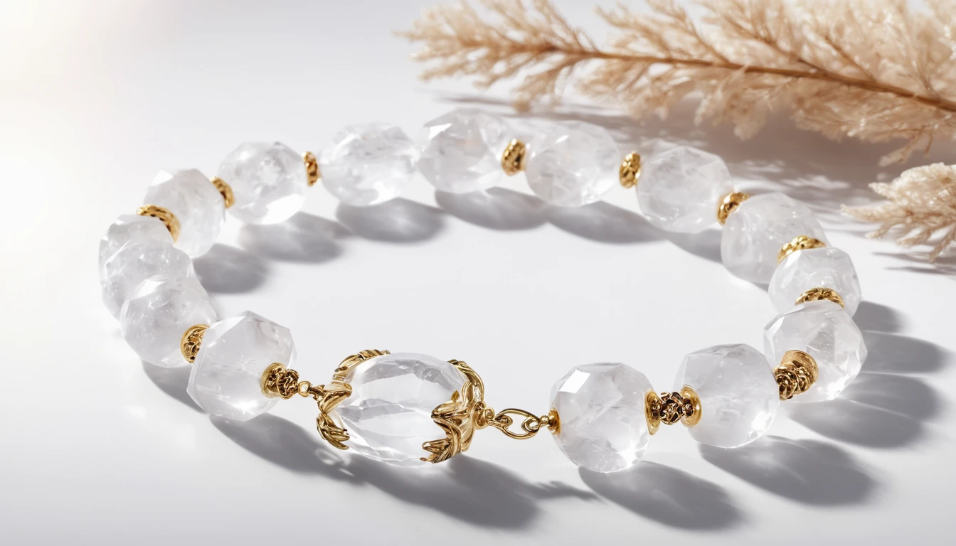 Hegyikristály karkötő hatása – harmónia és tisztulás köve Hegyikristály karkötő, arany díszítéssel, tiszta és fényes kövekkel.