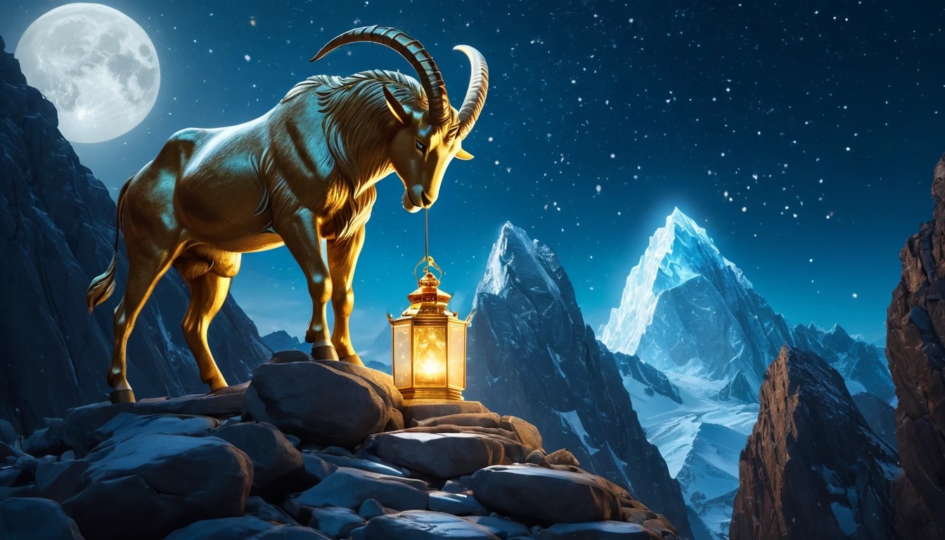 Hogyan érheti el a sikert a Bak? A fegyelem és a hosszú távú tervezés ereje. Egy aranyszínű bak áll egy hegycsúcson, lámpát tartva a kezében, csillagos ég alatt.