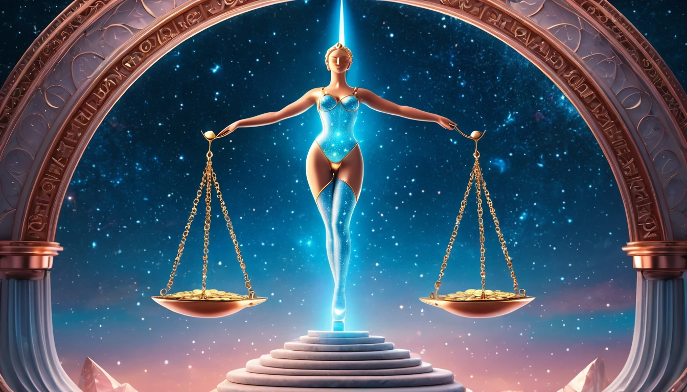 Egy női figura, aki egyensúlyoz a mérlegen, a csillagos ég alatt.
