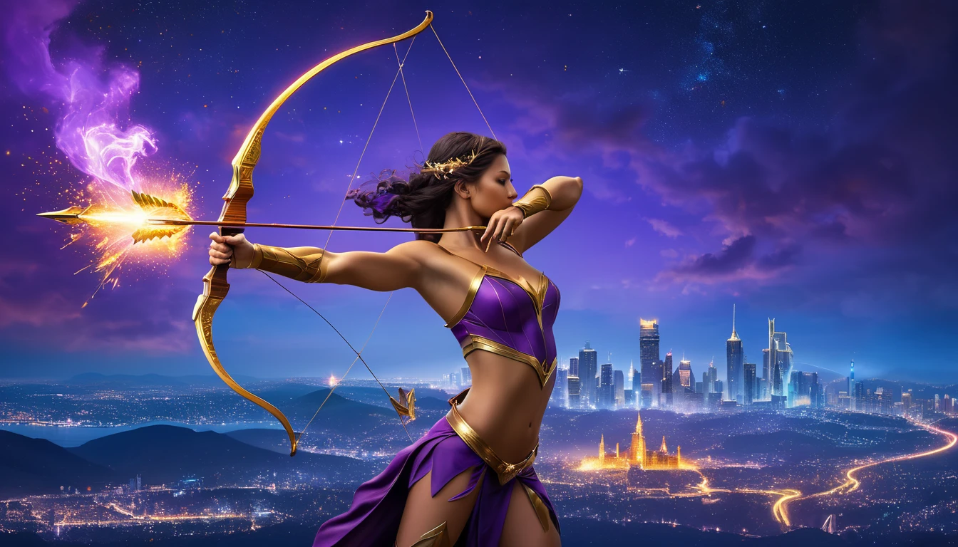 Egy nő íjászként céloz, háttérben egy város fényei és csillagos ég.