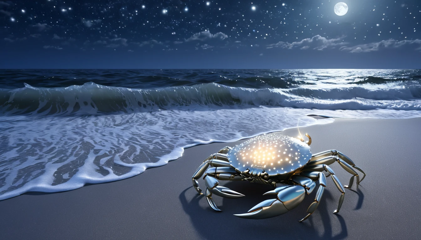 Egy csillogó rák a tengerparton, a holdfényben és csillagok alatt.