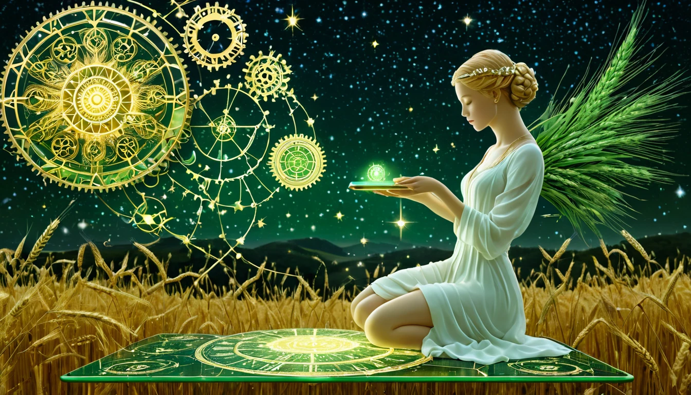 Hogyan érheti el a sikert a Szűz? A részletekre való odafigyelés és a szorgalom stratégiája. Egy nő fehér ruhában, arany szimbólumokkal körülvéve, a siker titkait kutatja.