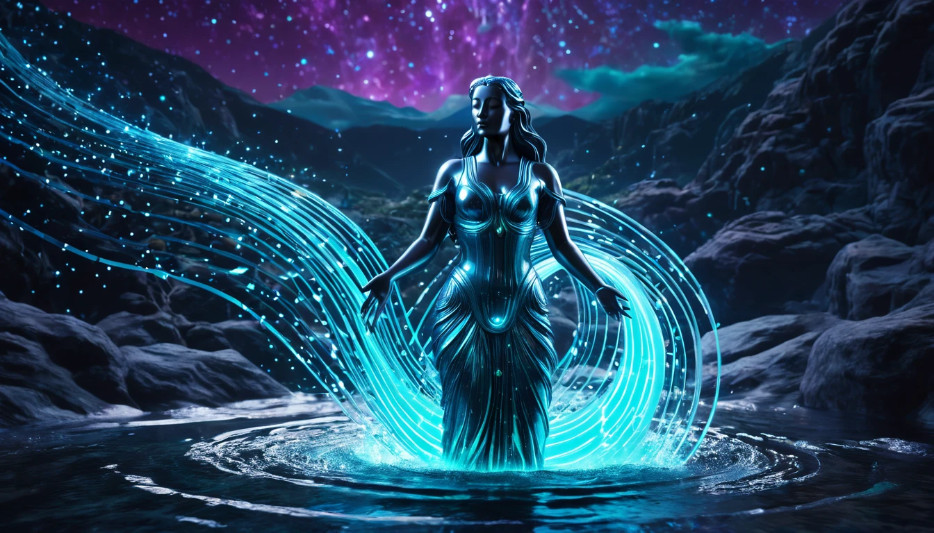 Egy fénylő, vízöntő alak, aki innovatív energiát sugároz a vízben.