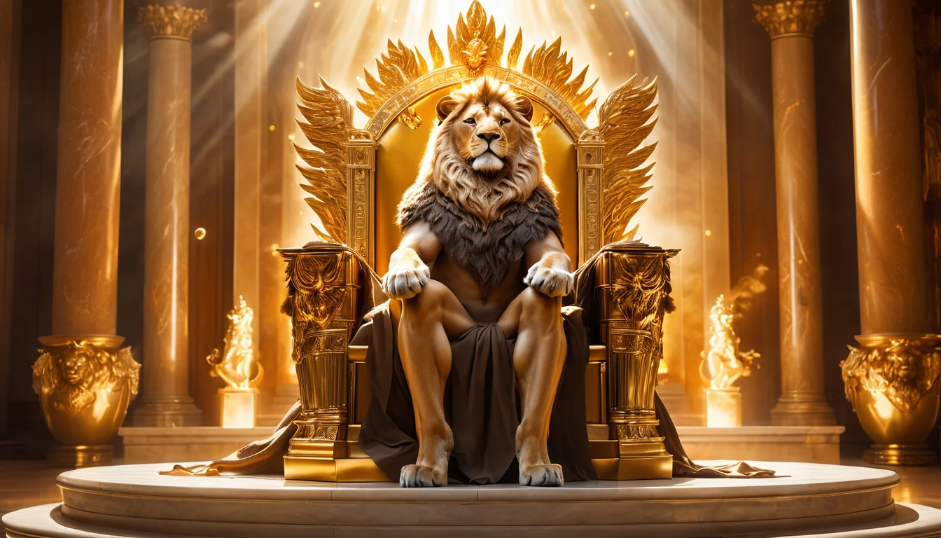 Egy oroszlán trónon ül, arany díszítéssel, magabiztosan és méltóságteljesen.