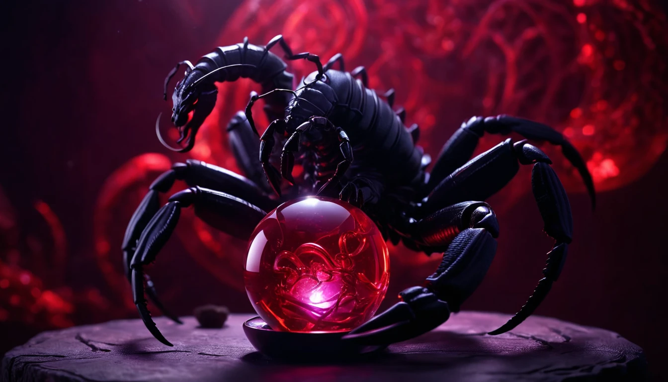 Hogyan érheti el a sikert a Skorpió? Az elszántság és a stratégiai gondolkodás útja. Egy fekete skorpió, amely egy piros kristálygömböt tart a lábai között.