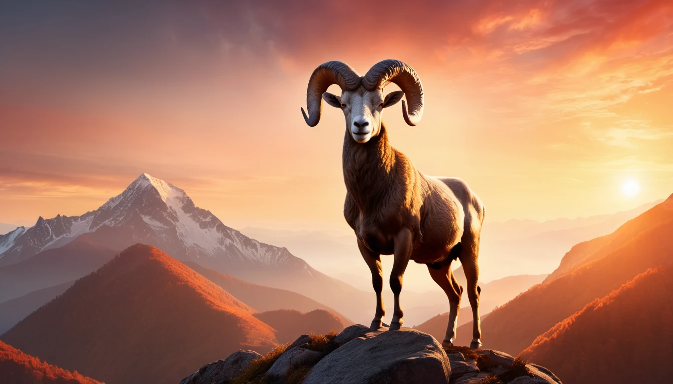 Egy kos áll a hegycsúcson, háttérben naplementével és hegyekkel.