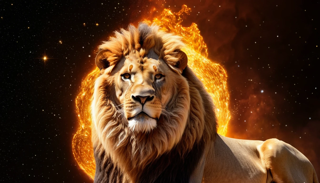 Egy oroszlán, amelynek hátterében tűzgömb látható, a büszkeség szimbóluma.