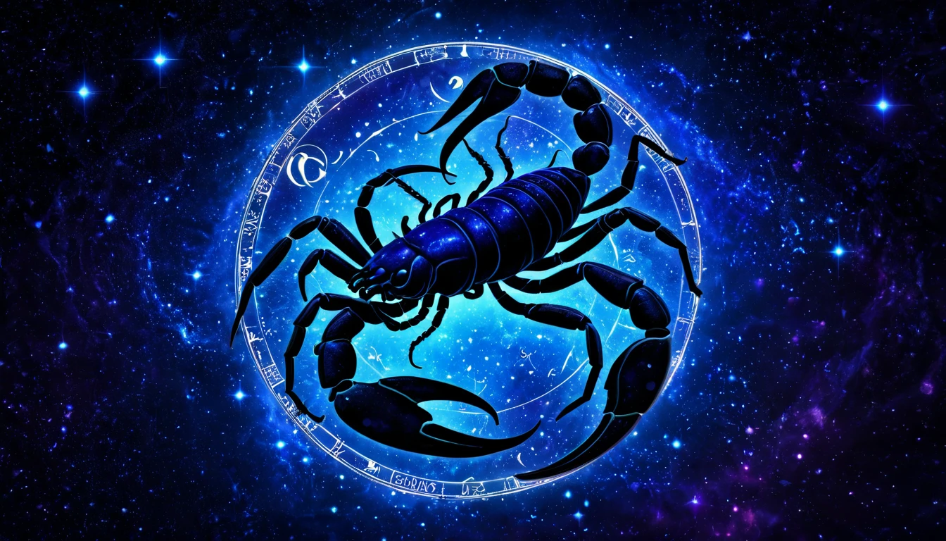 Hogyan kezeli a Skorpió a mély érzelmi stresszt? Stratégiák a feszültség elengedésére. Egy skorpió szimbólum, amely a csillagos égbolt előtt áll, mély érzelmeket sugallva.