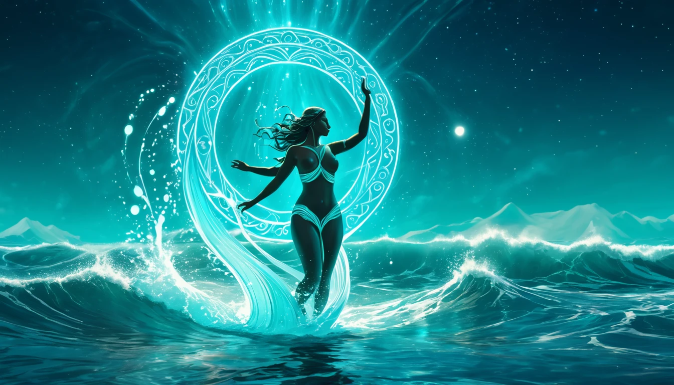 Hogyan kezeli a Vízöntő a mentális feszültséget? Tippek a gondolatok kiszellőztetésére. Egy nő táncol a vízben, körülötte fények és hullámok, szabadon áramló energia.