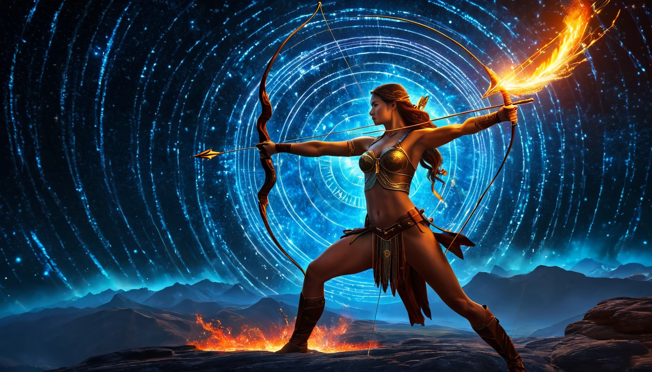 Egy nő íjászként áll, háttérben csillagokkal és kék fényekkel, a Nyilas szimbólumot idézve.