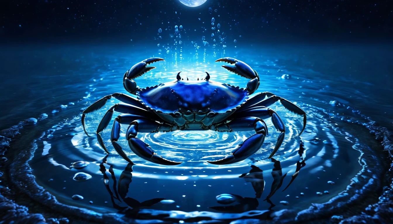 Egy kék rák áll a vízben, körülötte gyönyörű vízgyűrűk és holdfény.