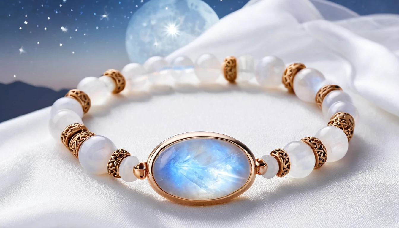 Holdkő karkötő hatása – női energia és intuíció Elegáns holdkő karkötő, amely női energiát és intuíciót sugall.