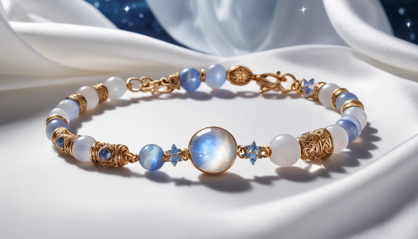 Holdkő karkötő hatása – női energia és intuíció Elegáns holdkő karkötő, arany díszítéssel és kék kövekkel.