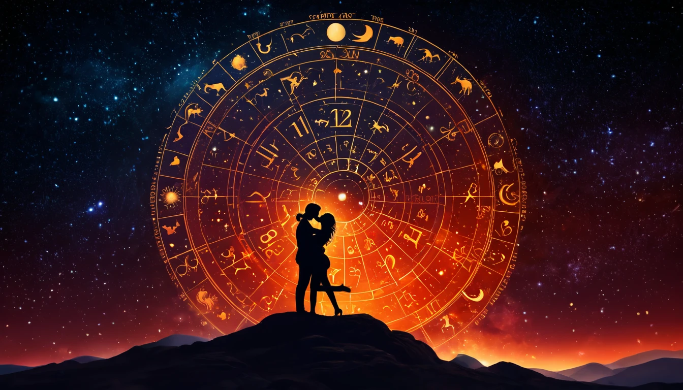Horoszkóp egyezések - Ők a legszenvedélyesebb párok Két ember ölelkezik egy csillagokkal teli háttér előtt, horoszkóp körrel.