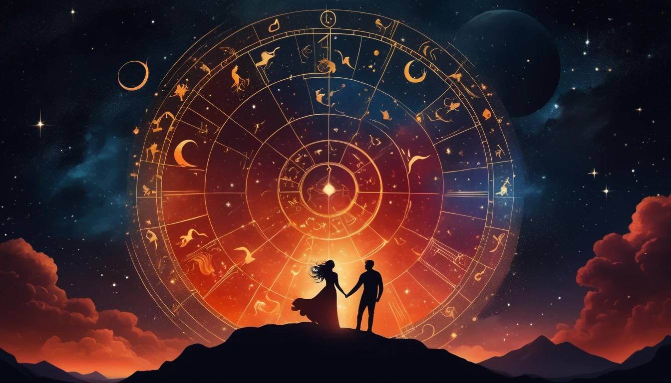 Horoszkóp egyezések - Ők a legszenvedélyesebb párok Egy pár, kézen fogva áll a hegytetőn, mögöttük asztrológiai kördiagram látható.