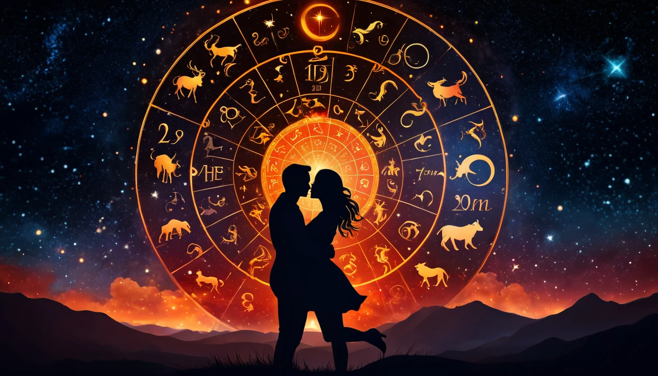 Horoszkóp egyezések - Ők a legszenvedélyesebb párok Egy pár ölelkezik a csillagok alatt, háttérben a horoszkóp körével.