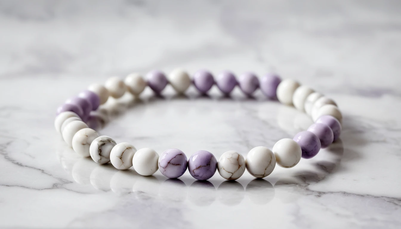 Howlit karkötő hatása – nyugalom és önfegyelem kristálya Howlit karkötő fehér és lila gyöngyökkel, márványos háttér előtt.