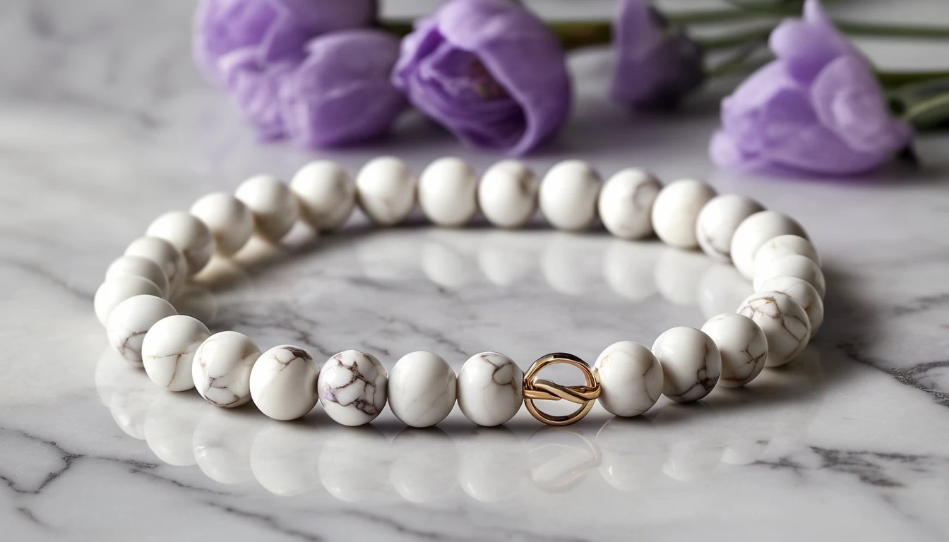 Howlit karkötő hatása – nyugalom és önfegyelem kristálya Fehér howlit karkötő, márványos mintázattal, arany kapoccsal, lila virágok mellett.