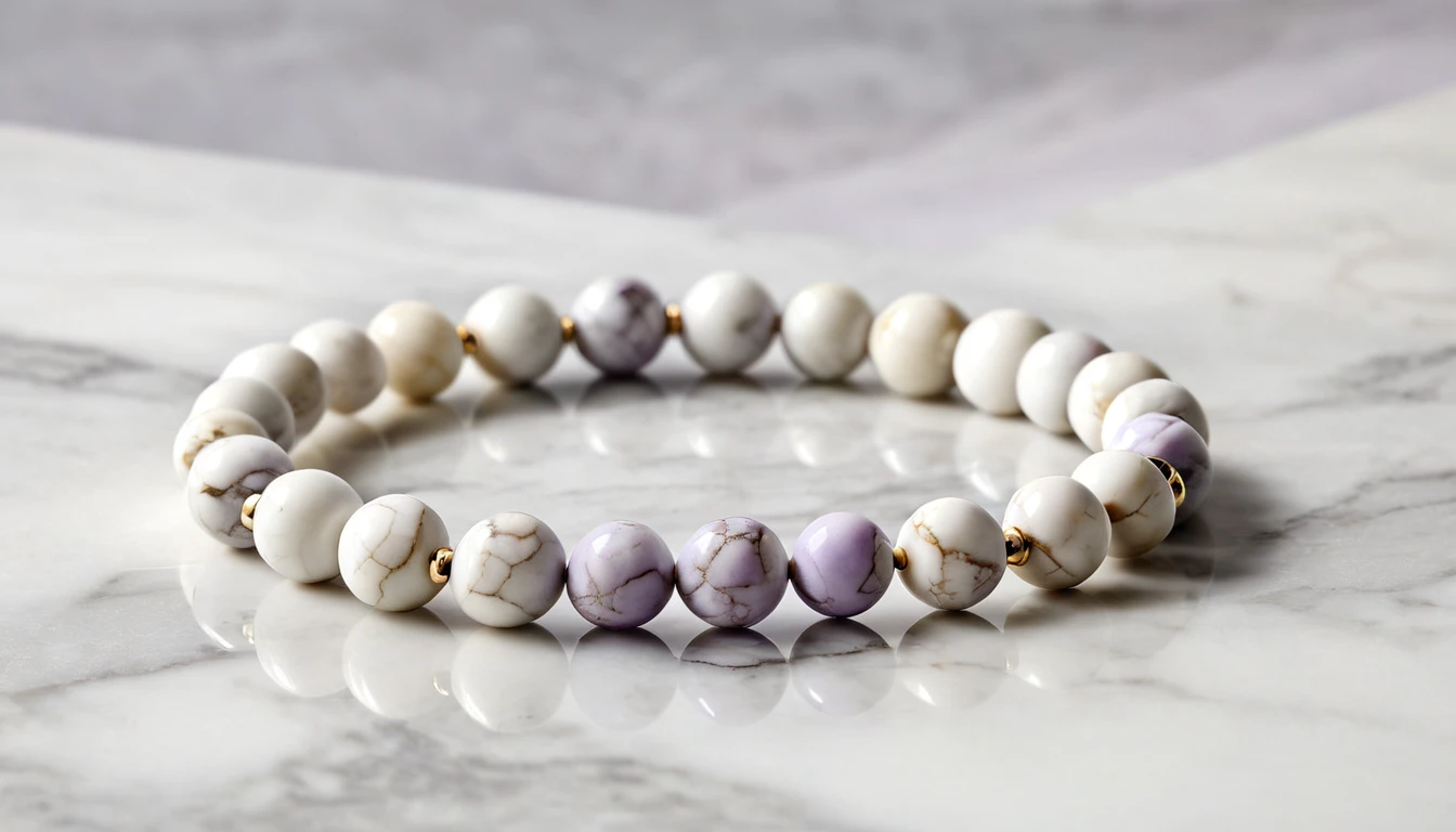 Howlit karkötő hatása – nyugalom és önfegyelem kristálya Egy howlit karkötő, fehér és lila golyókkal, márványos felületen.