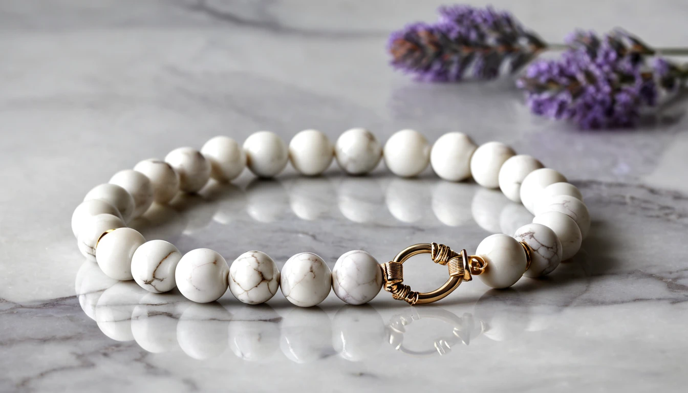 Howlit karkötő hatása – nyugalom és önfegyelem kristálya Fehér howlit karkötő, arany színű záróelemmel, márványos felülettel.