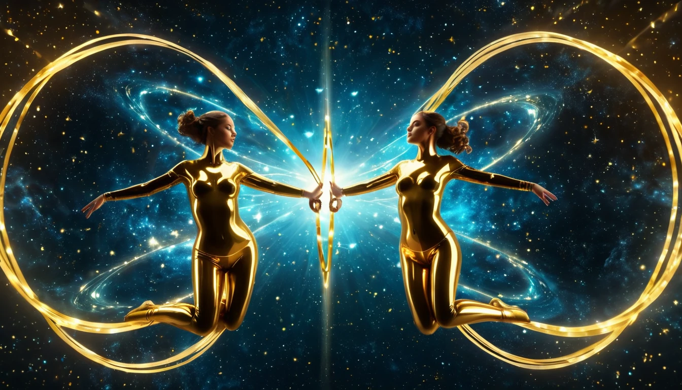 Két aranyszínű ruhás nő lebeg a csillagos háttér előtt, kezükkel egy energiát formálnak.