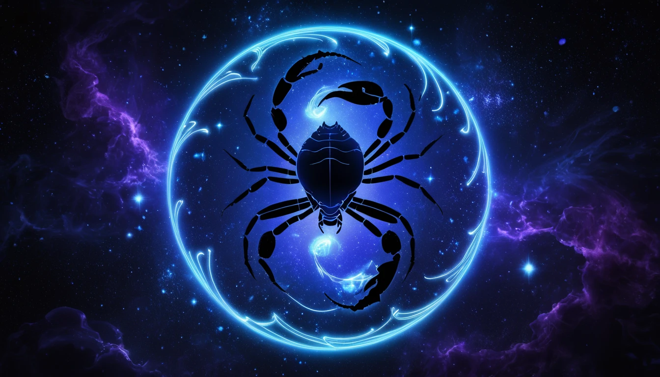 Egy skorpió szimbólum, amely csillagokkal és galaktikus háttérrel van körülvéve.