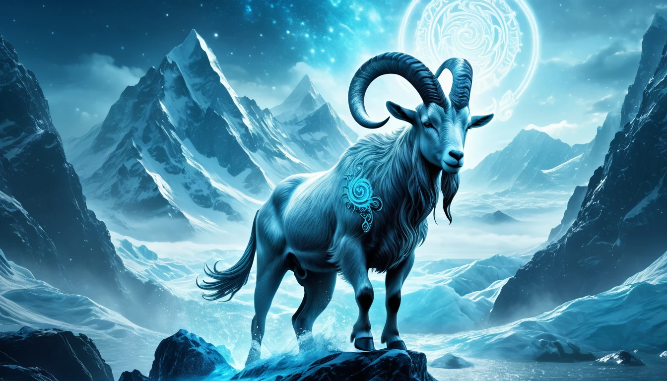 Egy hegyvidéki tájban álló, szarvasmarha, amely a Bak csillagjegyet szimbolizálja.