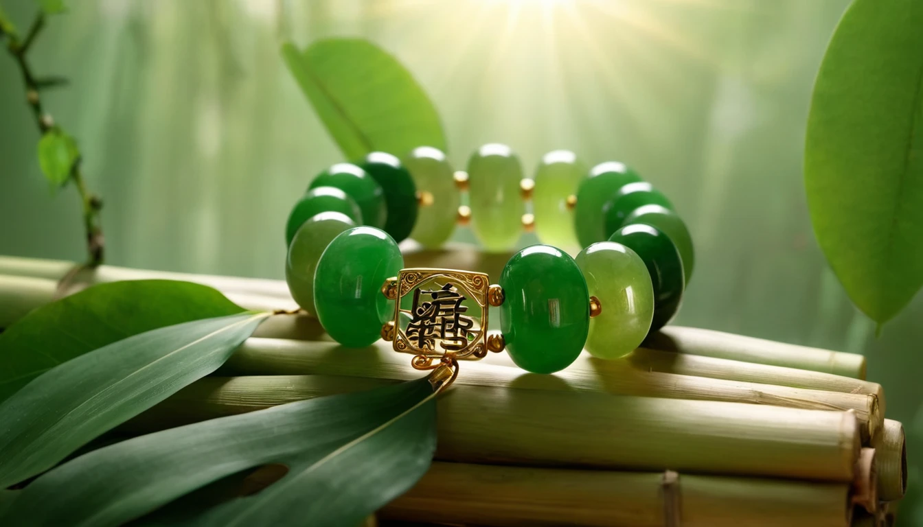Jade karkötő hatása – béke, szerencse és jólét köve Zöld jade karkötő, arany díszítéssel, bambusz háttér előtt.